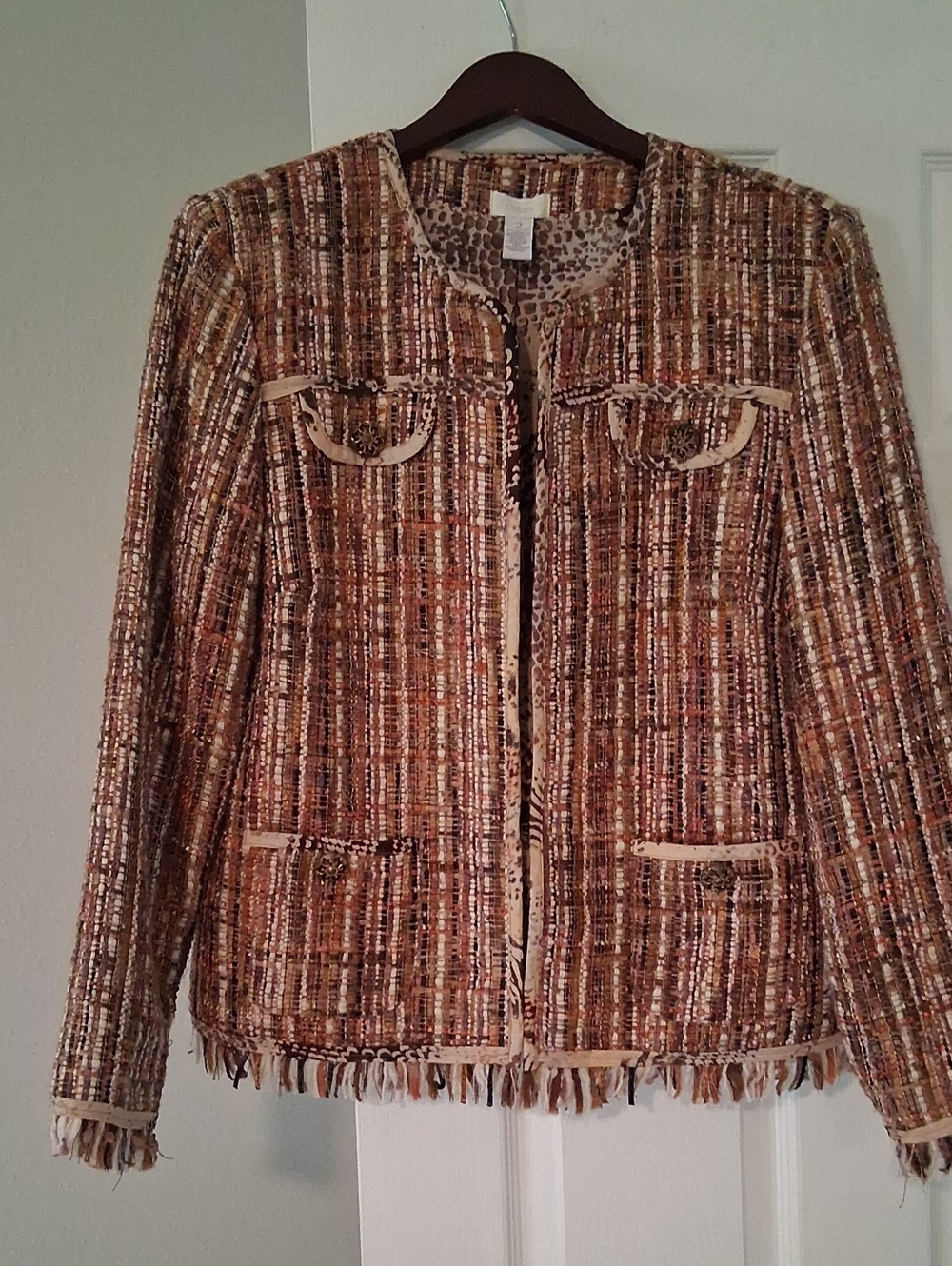 Chico's Brown Multi Tweed Fringe Jacket